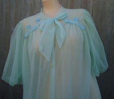 NOS Vtg Mint Green Double Chiffon 1960s PUFFY Nylon Robe Blue Appliques M USA