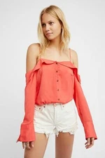 FREE PEOPLE $98 CORAL WALK THIS WAY OFF THE SHOULDER BUTTONDOWN SHIRT TOP SZ S