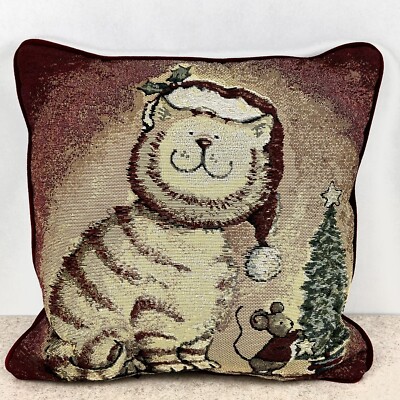 Vintage Tapestry Christmas Throw Pillow Maroon Red Cat & Mouse 16 x16  BESS
