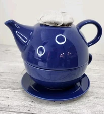 Omniware Tea For One Blue Stoneware 10oz Teapot, Mug, Saucer & Infuser N.O.B.