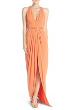 HALSTON HERITAGE Women's Belted Jersey Evening Cocktail Gown Size L, Mandarin 