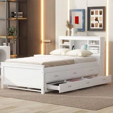 Twin/Full Size Bed Frame Wood Platform Bed w/ Trundle & Storage Headboard