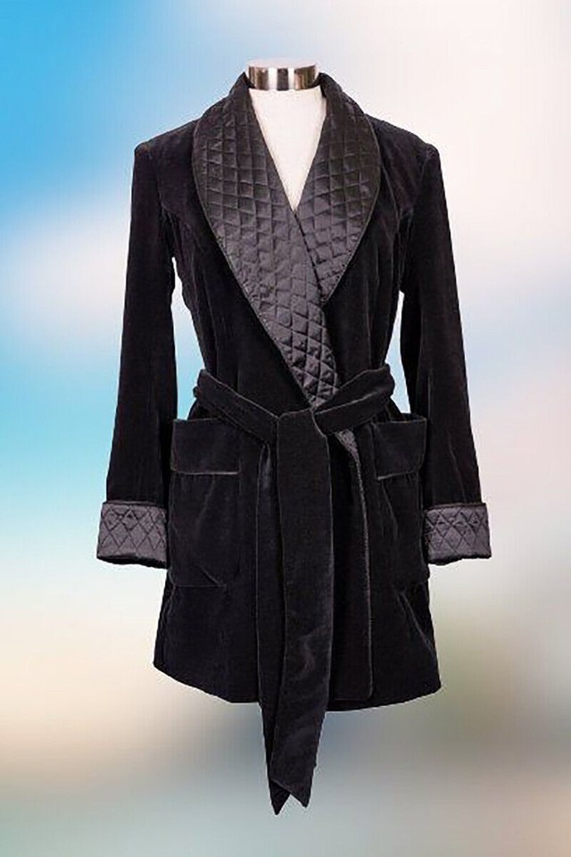 Velvet Quilted Robe for Men Vintage Smoking Dressing Gown Long Jacket ...