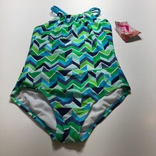 NWT Kanu Surf Swimsuit Girls Size 14 Blue Green Chevron "Ruby" One Piece Halter