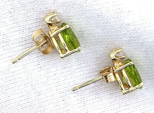 Orecchini in vero oro giallo 14 kt 7x5 pera San Carlos Arizona peridoto zirconi pietre preziose - Foto 2 di 2