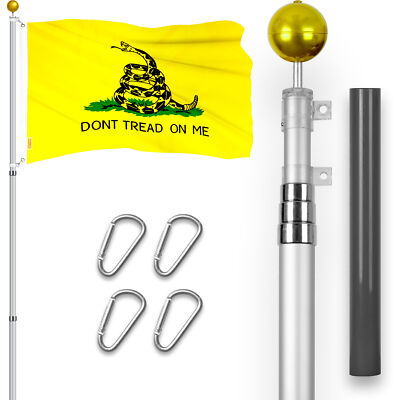16 Ft Telescoping Flagpole Silver & Gadsden Don't Tread On Me Flag 3x5 Ft Emb