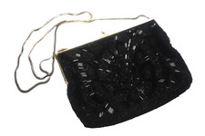 Nordstrom Vintage Womens Black Beaded Clutch Purse with Long Strap Art Deco