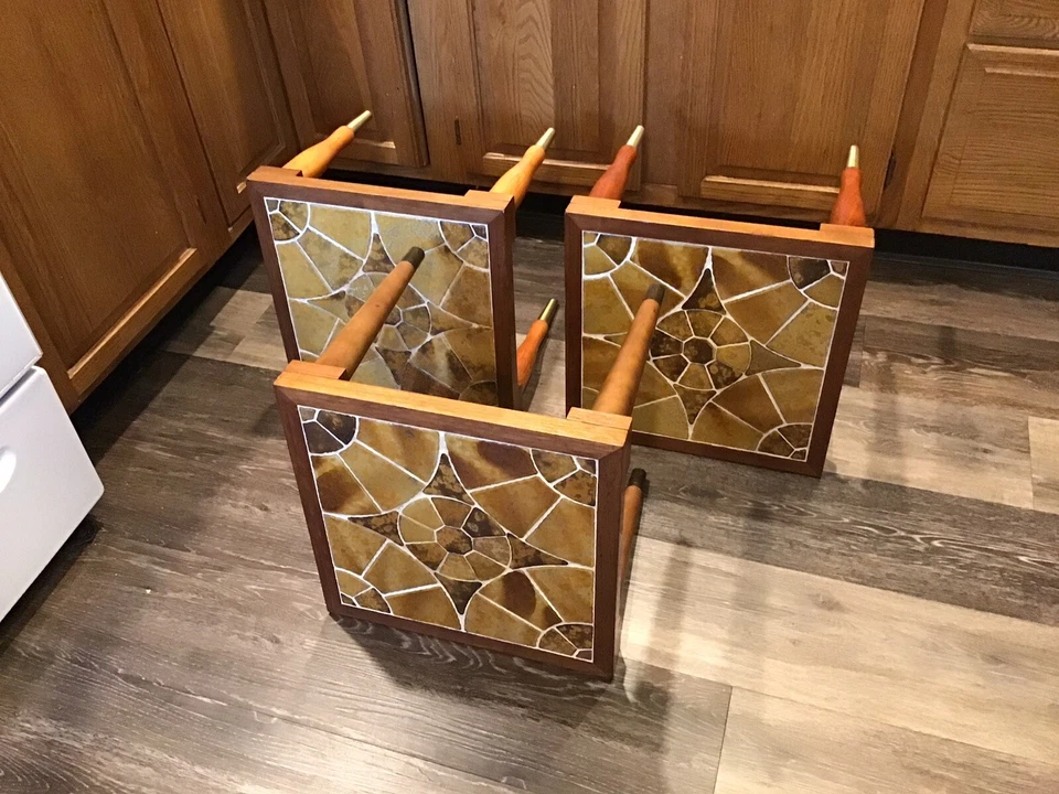 FABULOUS Mid Century Modern Mosaic Tile Teak Wood NESTING TABLES Tapered Leg SET - Image 3 of 4