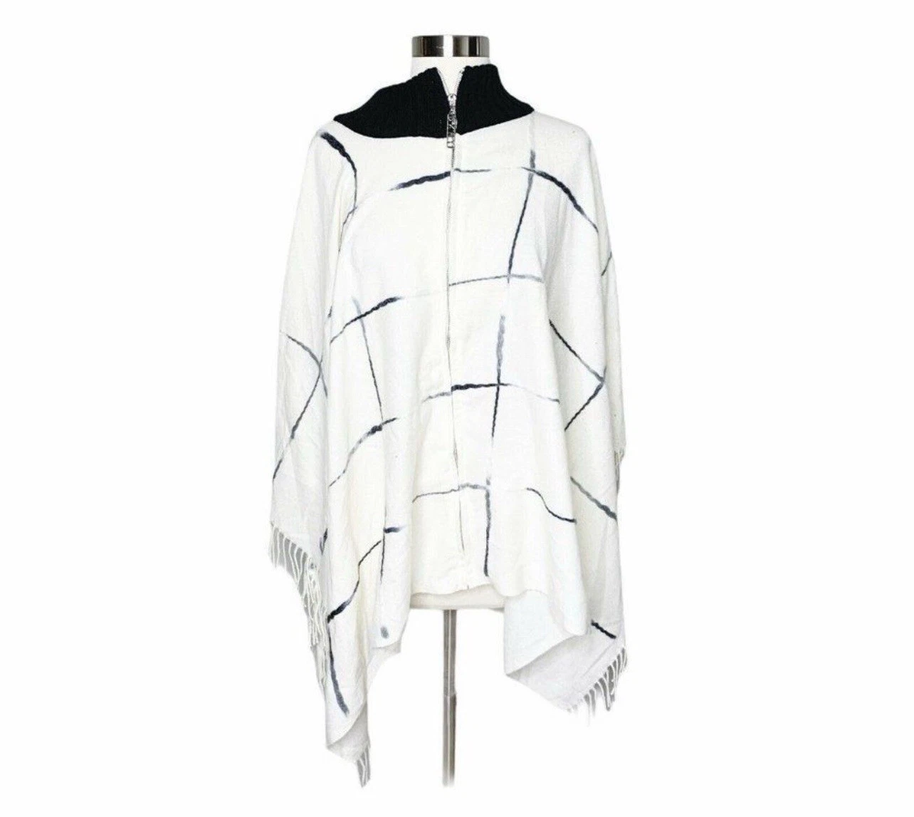 NEW DKNY Womens Window Pane Fringe Poncho Sweater White Super Soft & Cozy!