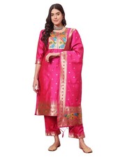 Women's Cotton Silk Jacquard Straight Kurta with Pant  Banarasi Silk Dupatta
