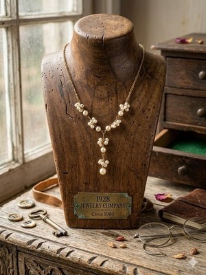 Signed 1928 Faux Pearl 18  Gold Tone Lariat Necklace E2