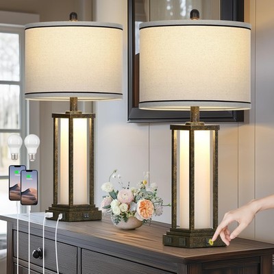 27'' Tall Vintage Table Lamp Set of 2 with USB C+A & Outlet,Bronze Industrial ...