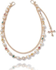 Gold Silver Tone Heart Faux Pearl Bag Charm Keychain for Purse Handbag