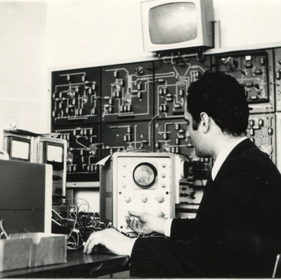 Vintage Photo Man Operating Control Panel Oscilloscope Lab Electronic Equipment