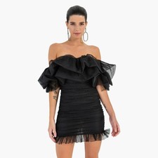 Black Tulle Ruffle Off Shoulder Ruched Mini Dress Coquette Fairy Cocktail Party