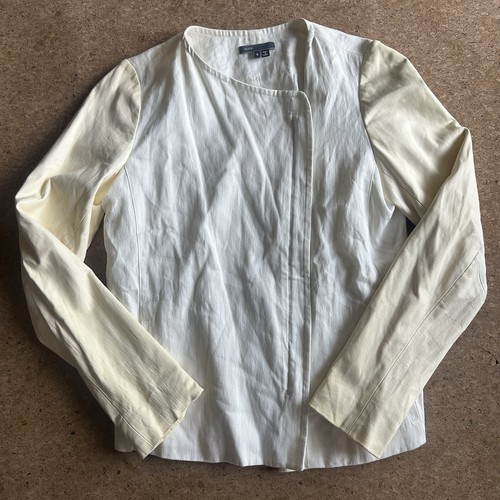 Vince White Leather Sleeve Linen Asymmetric Jacket $650 Size 8  Pre-Owned