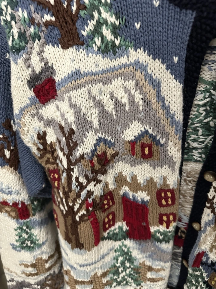 Talbots Hand Knit Sweater Women’s Cardigan Vintage S Small Snow Woods Scene - Image 4 of 4