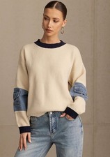 Womens Cream Knit Sweater with Denim Sleeve D...