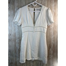 Urban Outfitters UO Beth Linen Mini Dress S White V-Neck Puff Sleeve Summer Boho
