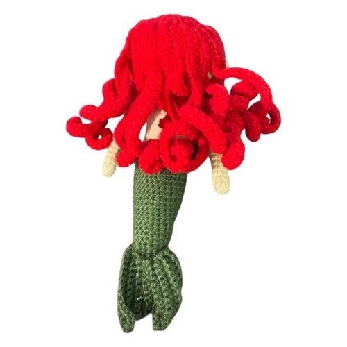 Handmade Crochet Mermaid Doll Plush Toy Red Hair Green Tail Cute Gift - Picture 2 of 3