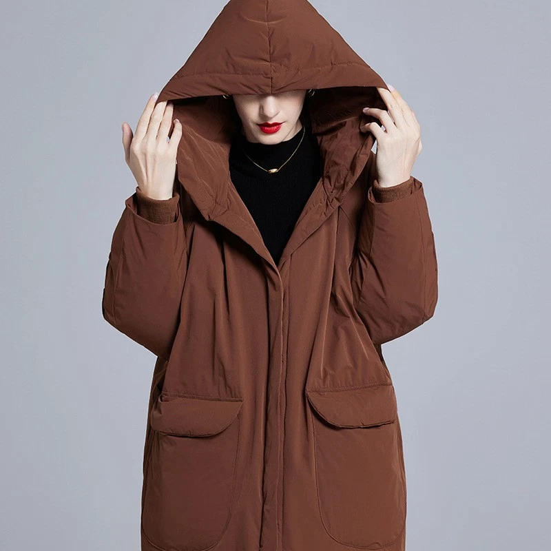 90% White Duck Down Loose Long Hooded Down Jacket Womens Windproof Warm Jackets - Image 4 of 4