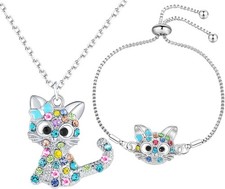 Lovely Rainbow Rhinestone Cat Jewelry Set For Girls Pendant Necklace Girl...