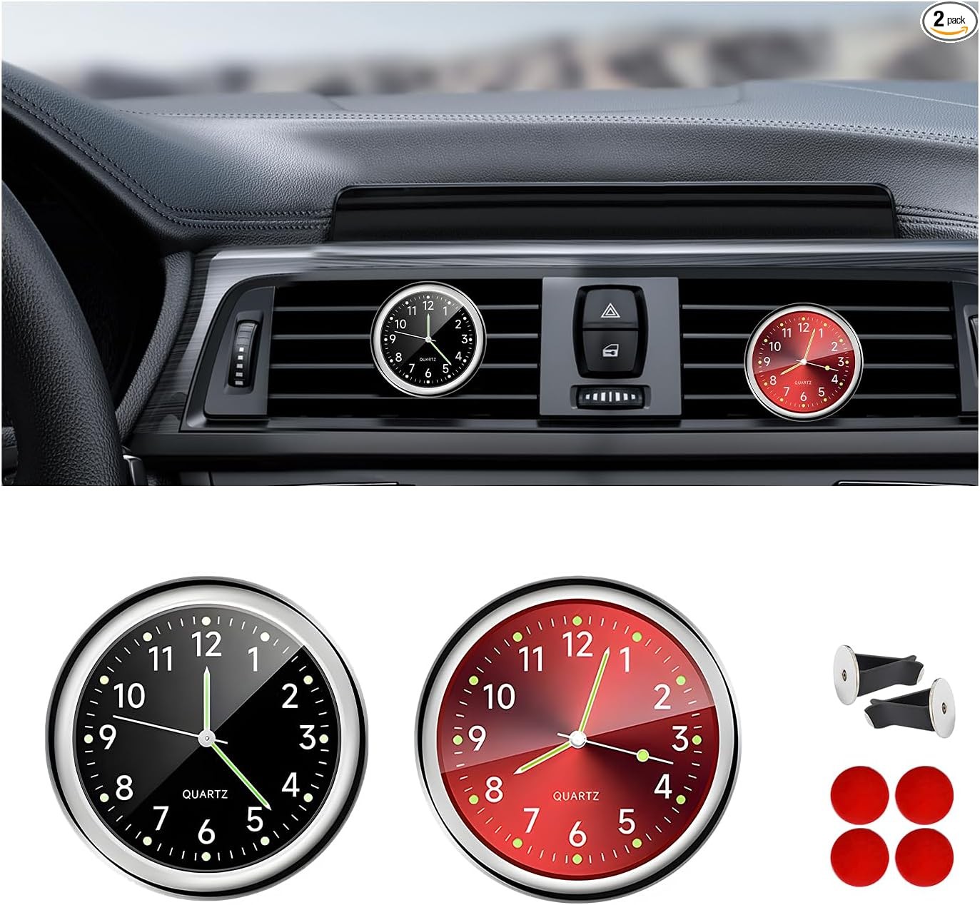 2PCS Mini Luminous Analog Clocks, Clock with Vent Clip & Adhe Color: Red+black