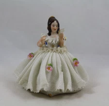 Dresden Porcelain Lace Seated Lady White Dress w Pink Flowers Miniature Figurine