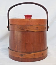 Antique Vintage Wood Firkin Cookies Bucket Rustic Farmhouse Handle Lid Red