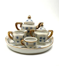 Vintage Ceramic Miniature Tea Set white Blue 7 Piece Occupied Japan