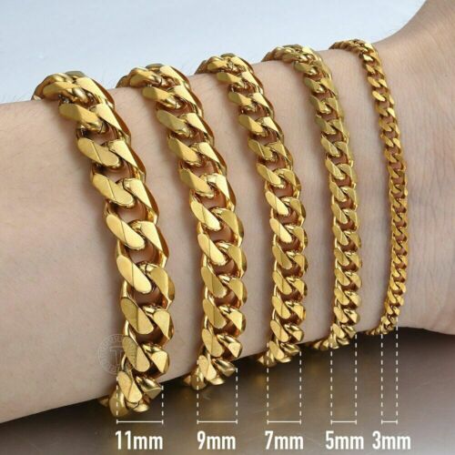 Men's Gold Stainless Steel Curb Cuban Chain Link Bracelet Bangle 3/5/7/9/11 mm - Picture 1 of 15