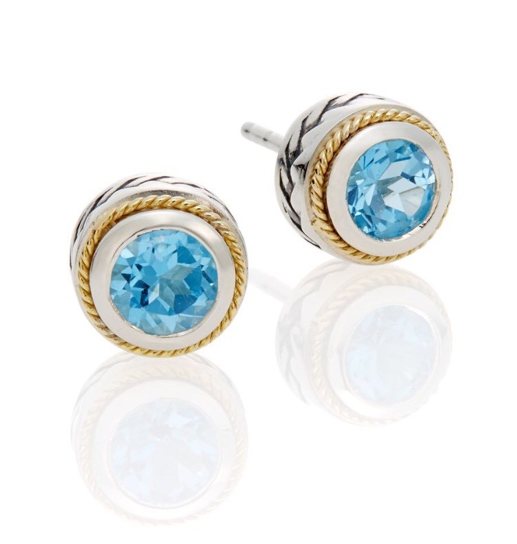 NEW! EFFY BLUE TOPAZ, STERLING SILVER 18K GOLD BUTTON EARRINGS