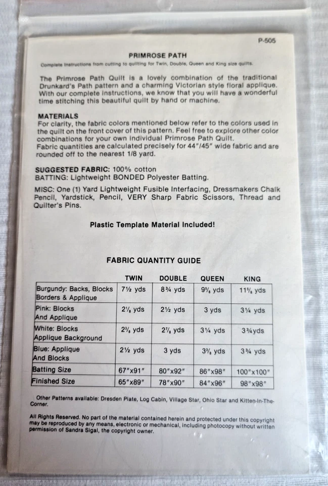 VTG (1981) New V.I.P. Crafts Quilt Pattern "PRIMROSE PATH QUILT" Sandra Sigal - Image 3 of 3