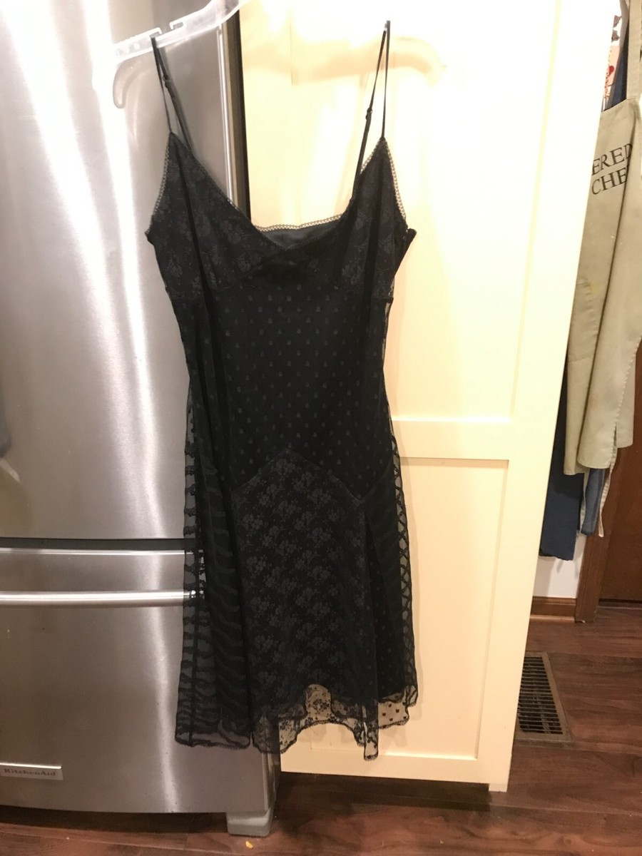 betsey johnson black lace dress Midi Spaghetti Strap Large Vintage Flawed Color:Black/Nude