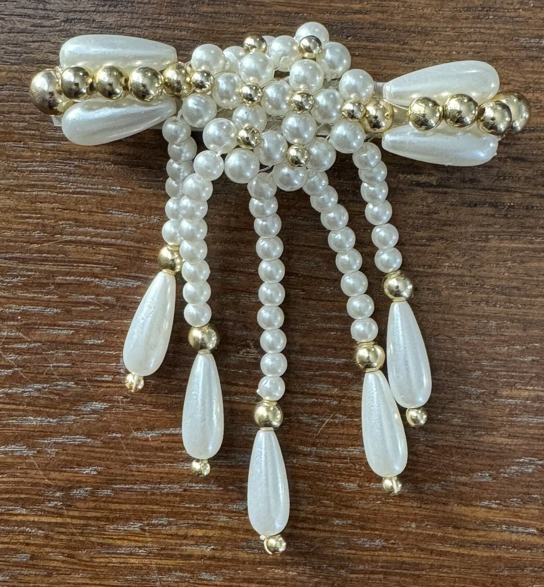 Vintage Faux Pearl Waterfall Gold Bead Hair Barrette Clip  display picture 3