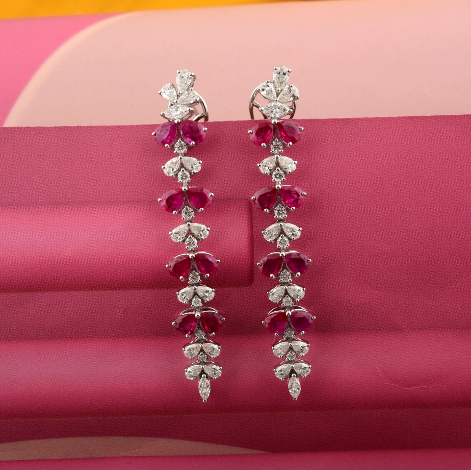 8.15 Tcw Lab Grown CVD Diamond Ruby Gemstone Dangle Drop Earrings 18k White Gold - Image 3 of 4