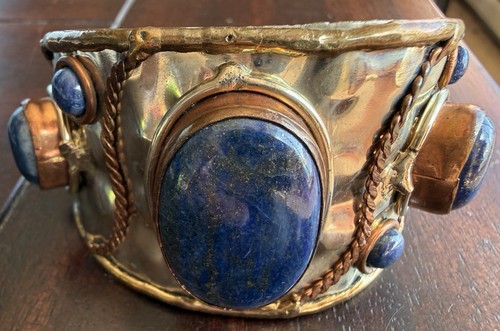 Brutalist Modernist Wide Cuff Lapis Lazuli Mixed Medal Bracelet