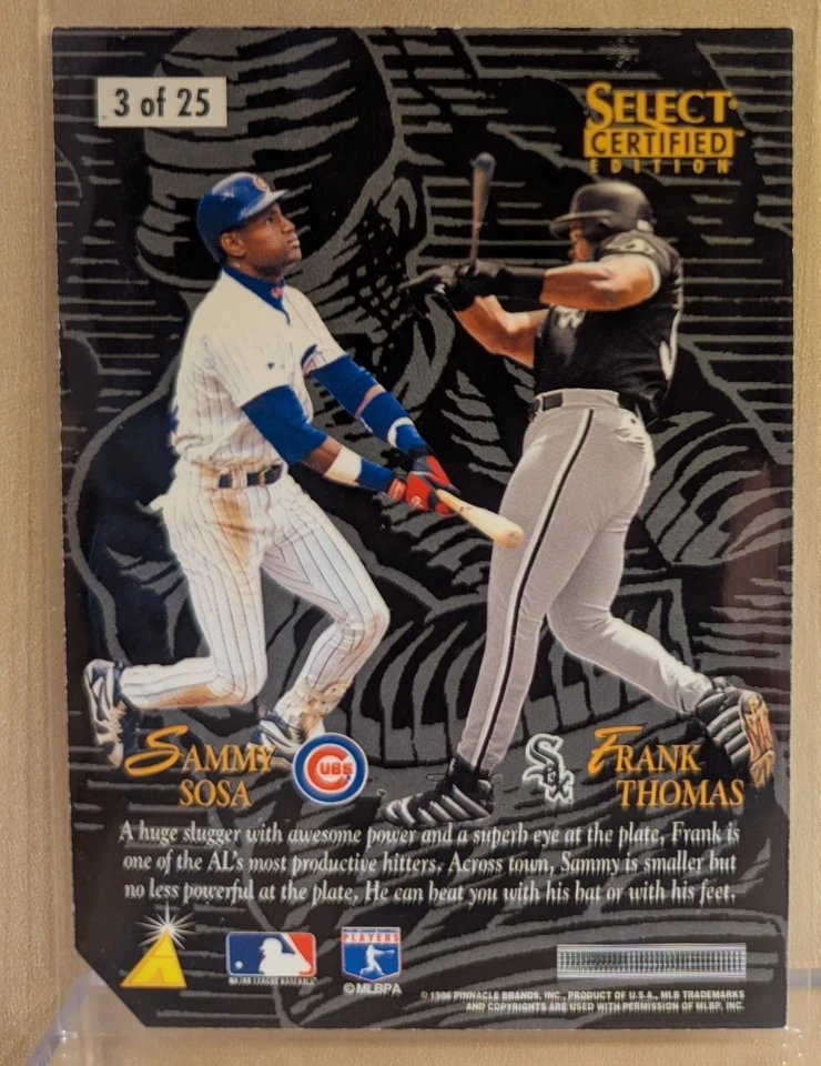 1996 Select Certified INTER-LEAGUE PREVIEW #3 Sammy Sosa Frank Thomas HOF PROMO - Image 2 of 2