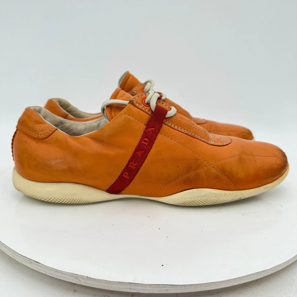 Prada Women Size EU 36.5 US 6.5 Brown Tan Red Line Leather Lace Up Casual Shoes - Image 4 of 4