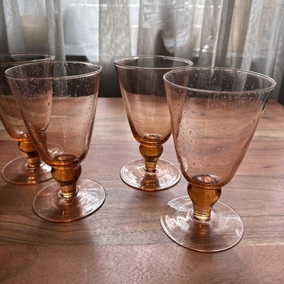 4 Vintage Mid Century Pink Bubble Glass Goblet Hand Blown Controlled Bubbles