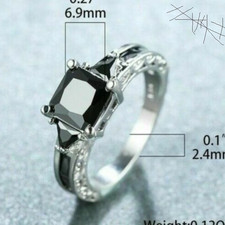 Silver Black Emerald-Cut Solitaire Ring Prong Set Size O 6.9mm 2.4mm