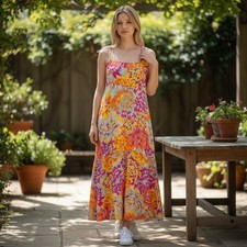 NEW MSK Floral Maxi Tank Dress Pink Orange Yellow Viscose Smocked Back Flowy