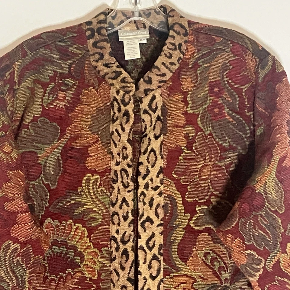Jaqueta Coldwater Creek Feminina XL Multicolorida Floral Leopardo Tapeçaria Aberta Boho - Imagem 2 de 4