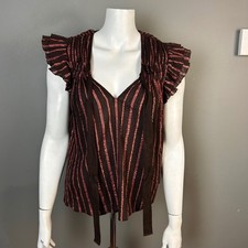 Ulla Johnson Cotton Top size 4 Brown Pink Stripe Ruffle Babydoll Boho Metallic