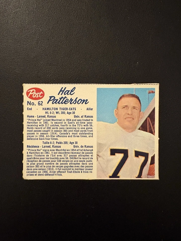 1962 POST CEREAL CFL FOOTBALL CARD #62 HAL PATTERSON HOF EX! RARE! - Image 2 of 3