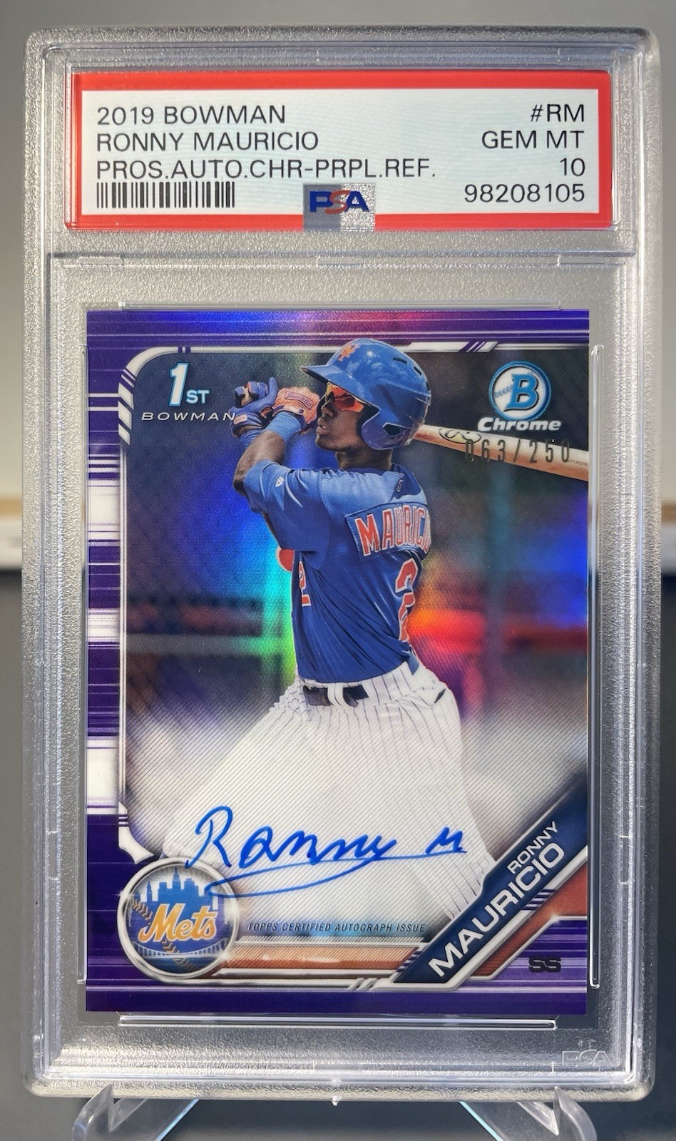 2019 Bowman Ronny Mauricio #CPA-RM Chrome Auto Purple Refractor /250 - PSA 10