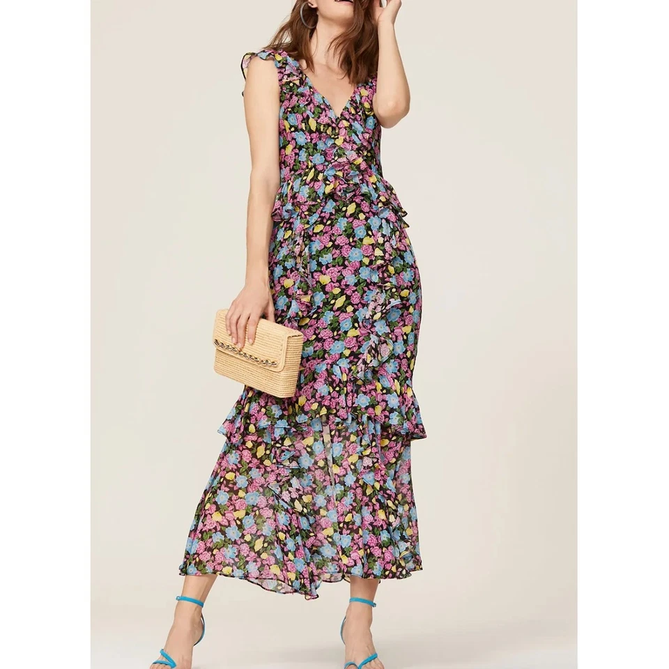 Amur Dress Women 2 Black Pink Blue Evita Maxi Floral Print Chiffon V Neck Ruffle - Image 3 of 4
