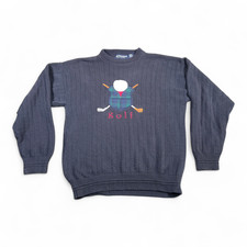 Vintage Scottish Isle Sweater Adult MEDIUM Blue Golf Embroidered USA Made 90s