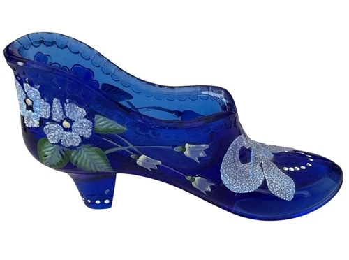 Fenton Hand Painted Glass Shoe Cobalt Blue Flower Slipper Signed Vintage