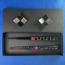 2 Pairs ISSOU Lacquered Wooden Chopsticks & Ceramic Rests; Japan 23cm & 23.4cm